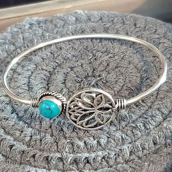 India Turquoise Gemstone Lotus Sterling Silver Overlay Cuff Bracelet 6743-R - Picture 5 of 8